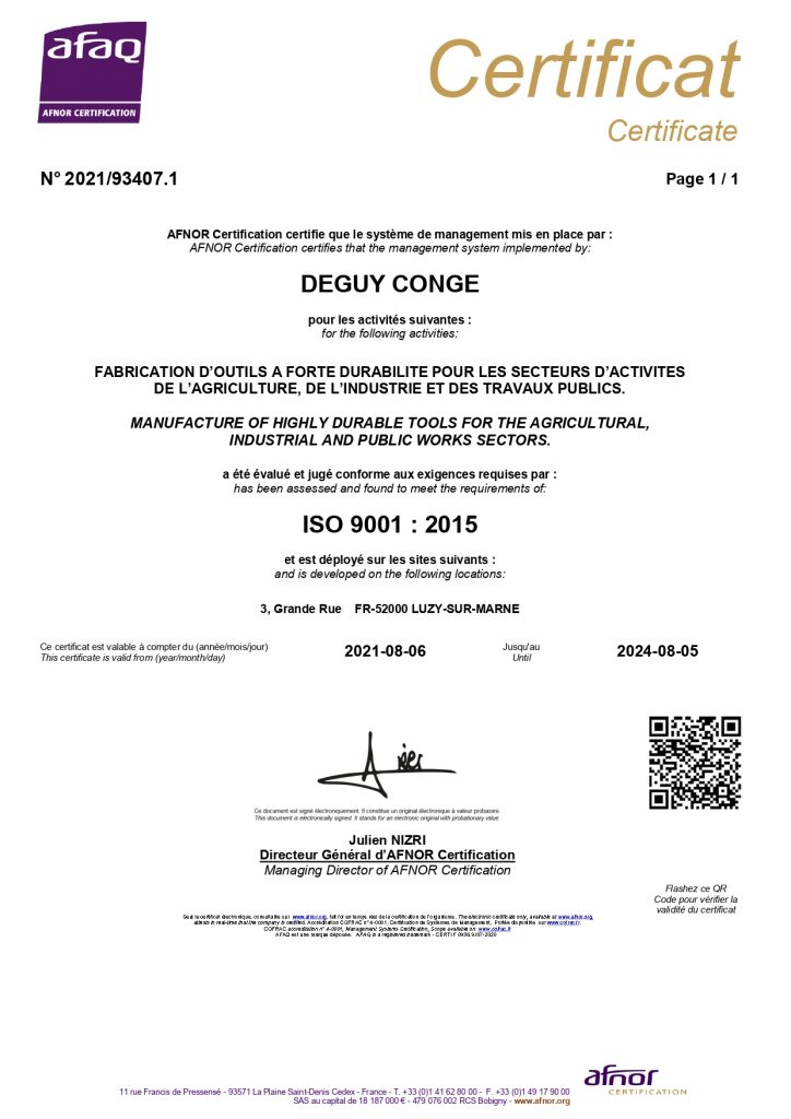 Certification ISO 9001 Deguy-Conge